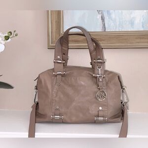 Michael Kors taupe buttery soft leather double strap Gibson satchel bag
